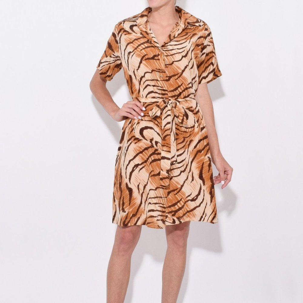Ciao Lucia Brown & Cream Animal-Print Midi Shirt Dress